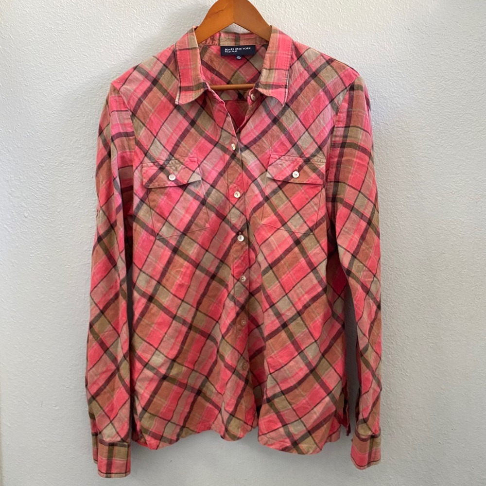 Jones New York Signature Preppy Coastal Pink Plaid Linen Button Up Shirt XL